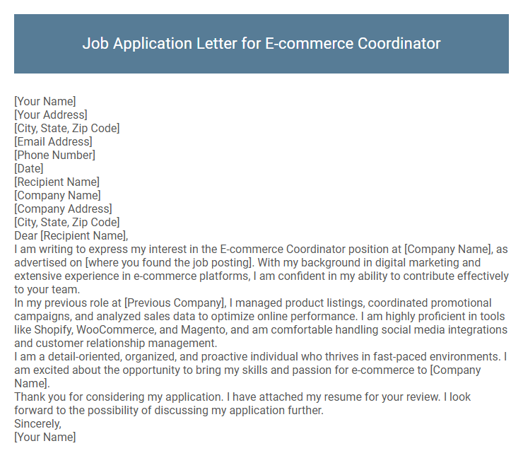 Job Application Letter for E-commerce Coordinator