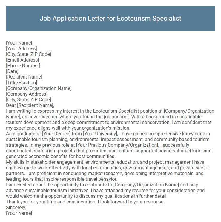 Job Application Letter for Ecotourism Specialist