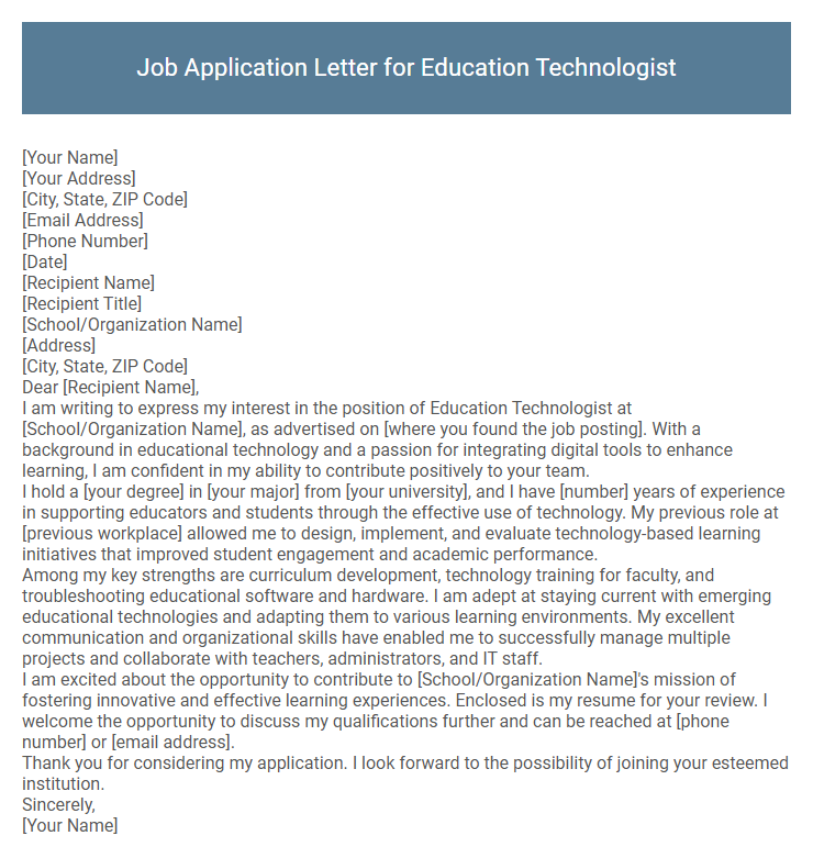 Job Application Letter for Education Technologist