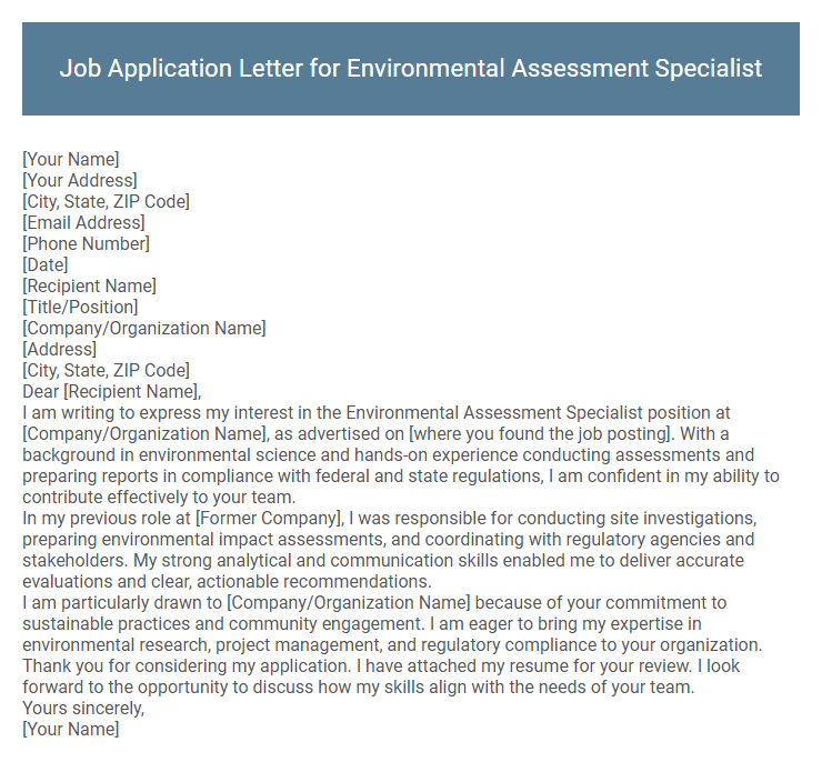 Job Application Letter for Environmental Assessment Specialist