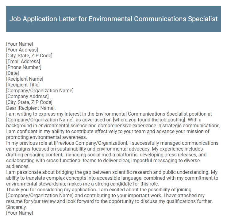 Job Application Letter for Environmental Communications Specialist