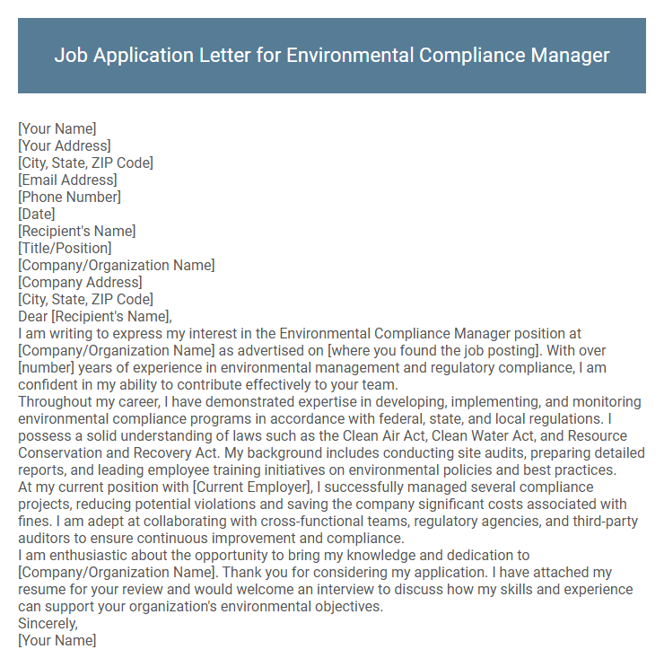 Job Application Letter for Environmental Compliance Manager