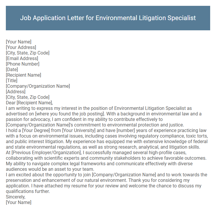 Job Application Letter for Environmental Litigation Specialist