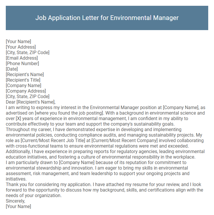 Job Application Letter for Environmental Manager
