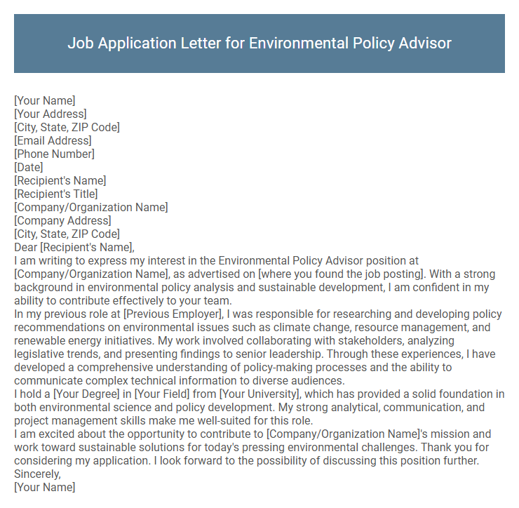 Job Application Letter for Environmental Policy Advisor