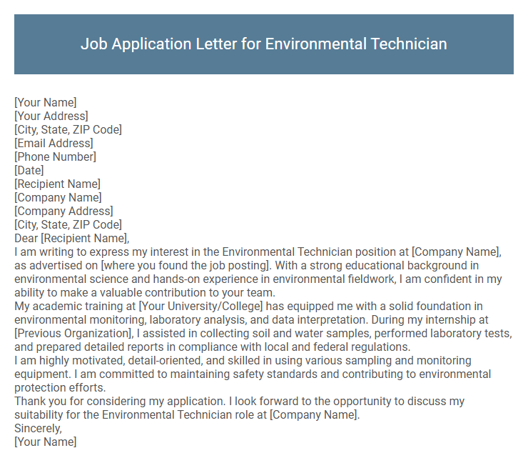 Job Application Letter for Environmental Technician