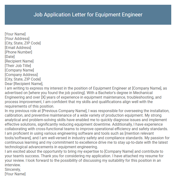 Job Application Letter for Equipment Engineer