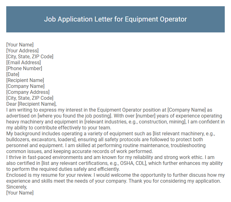 Job Application Letter for Equipment Operator