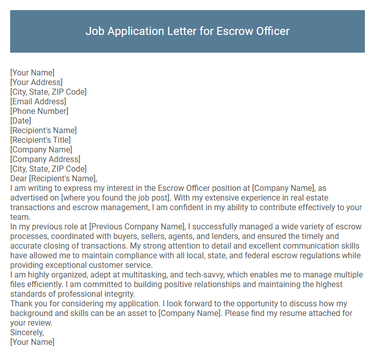 Job Application Letter for Escrow Officer