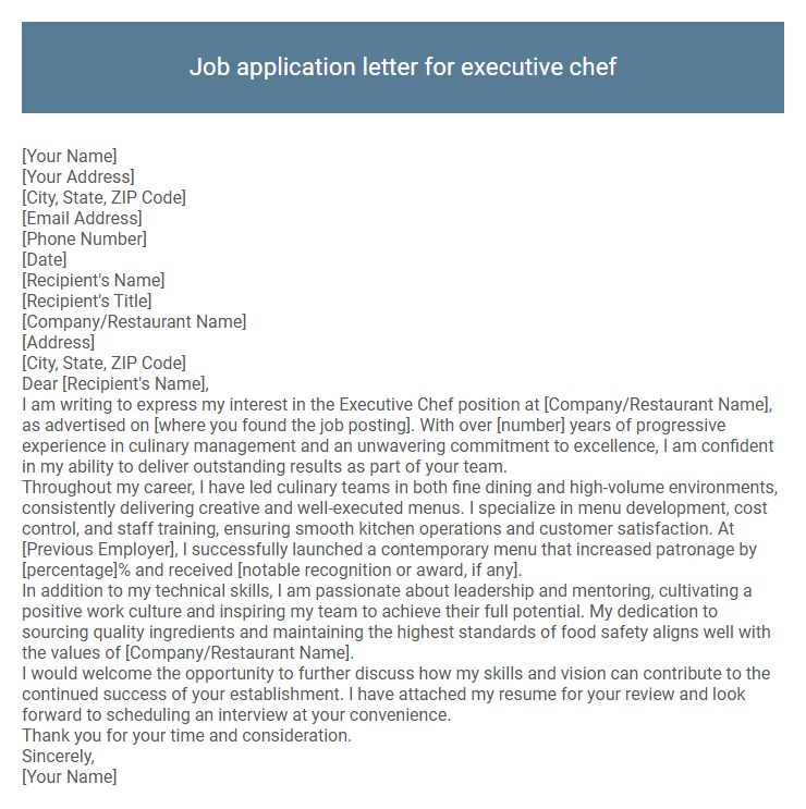Job application letter for executive chef