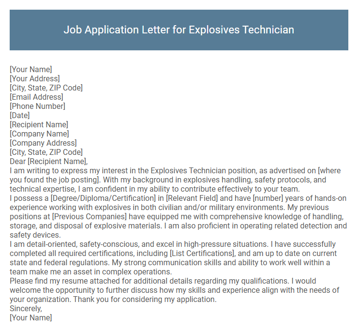 Job Application Letter for Explosives Technician