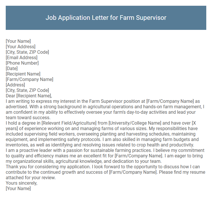 Job Application Letter for Farm Supervisor