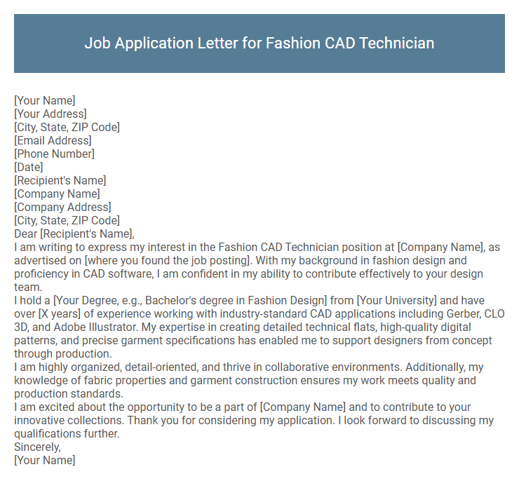 Job Application Letter for Fashion CAD Technician