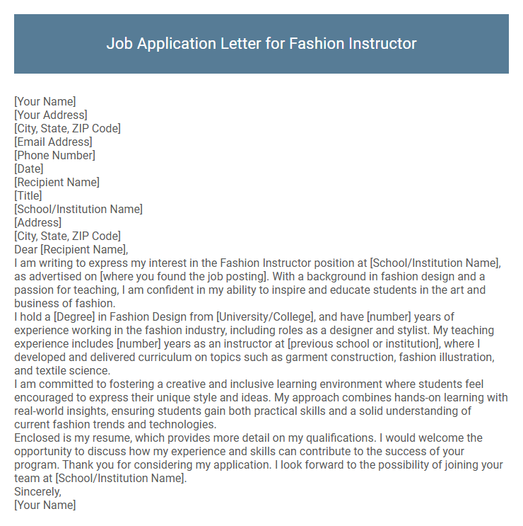 Job Application Letter for Fashion Instructor