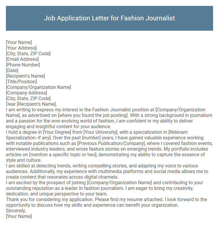 Job Application Letter for Fashion Journalist