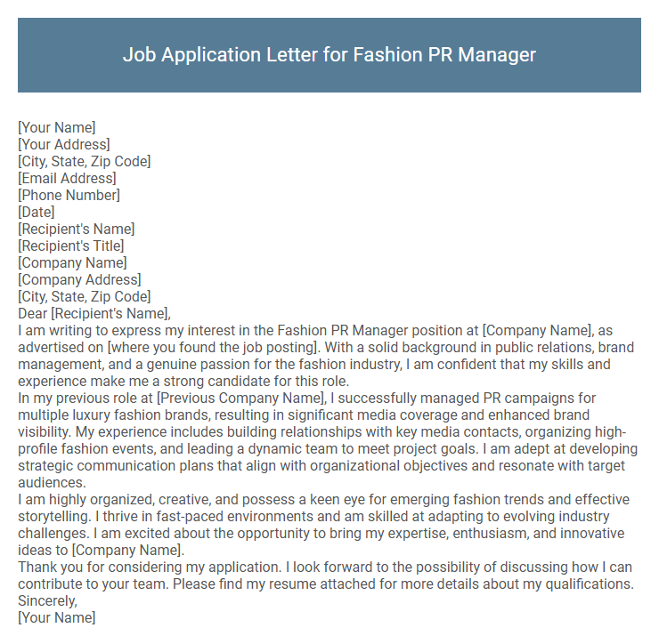 Job Application Letter for Fashion PR Manager