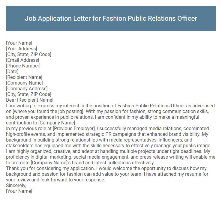 Job Application Letter for Fashion Public Relations Officer
