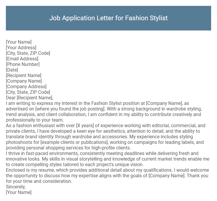 Job Application Letter for Fashion Stylist