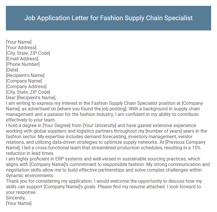Job Application Letter for Fashion Supply Chain Specialist