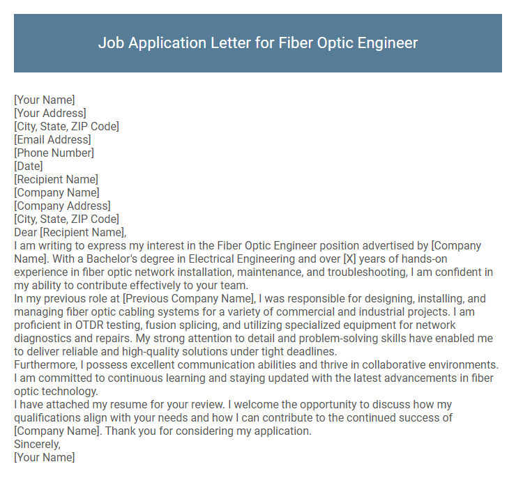 Job Application Letter for Fiber Optic Engineer