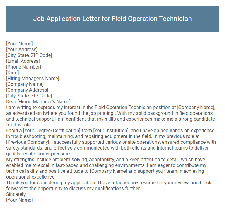 Job Application Letter for Field Operation Technician