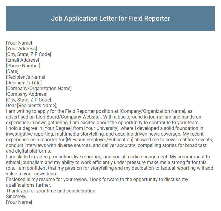 Job Application Letter for Field Reporter