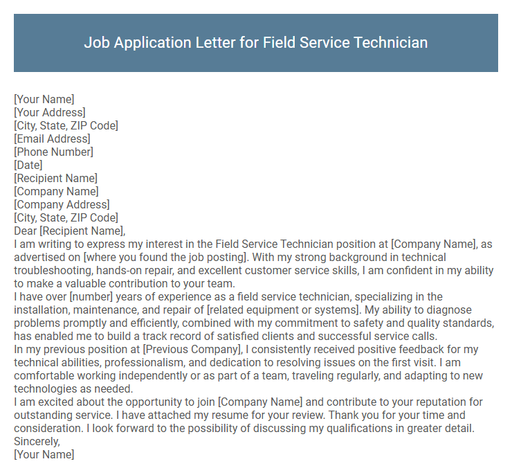 Job Application Letter for Field Service Technician