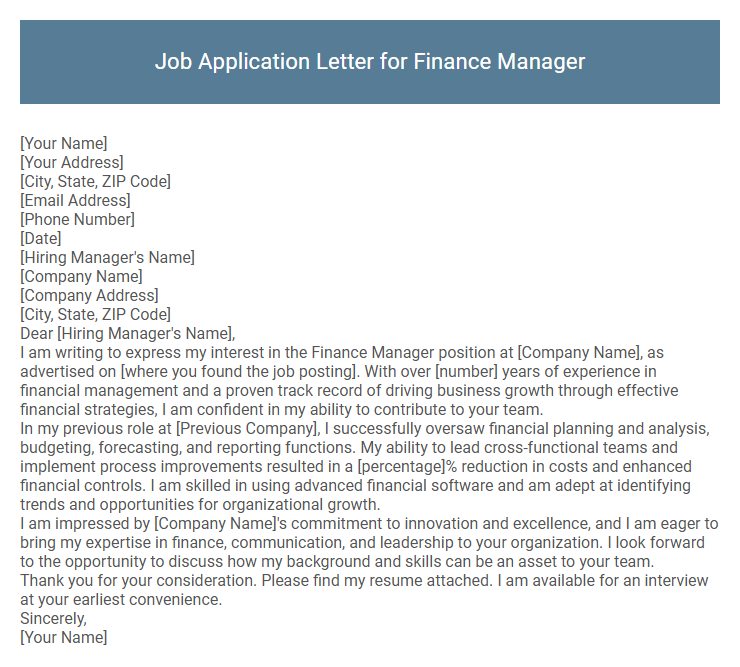 Job Application Letter for Finance Manager
