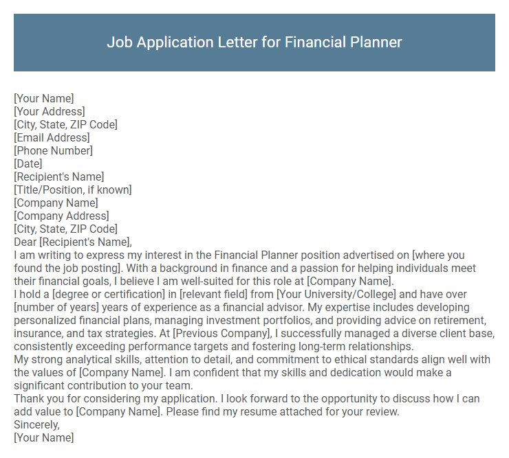Job Application Letter for Financial Planner