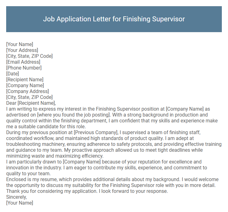 Job Application Letter for Finishing Supervisor