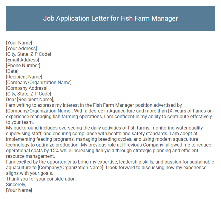 Job Application Letter for Fish Farm Manager