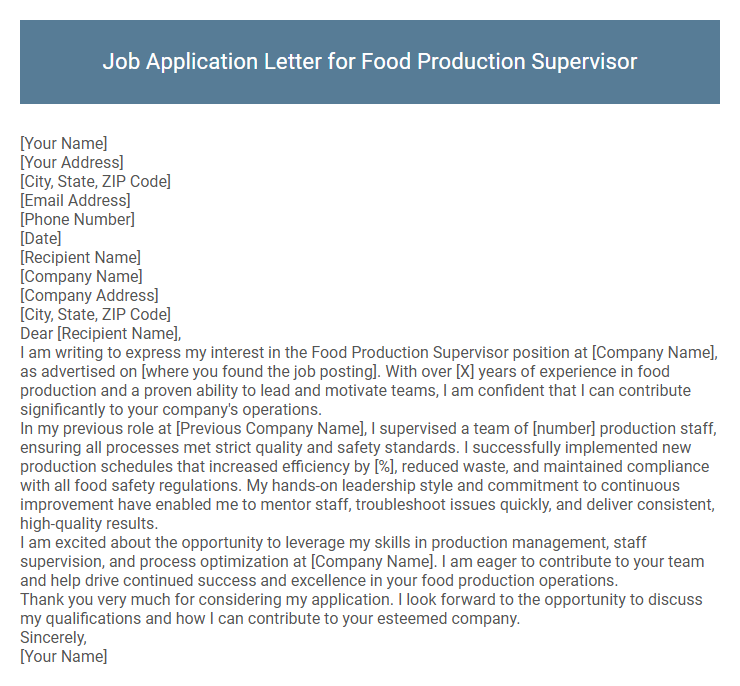 Job Application Letter for Food Production Supervisor