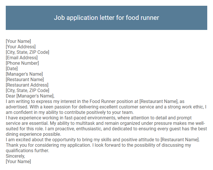 Job application letter for food runner