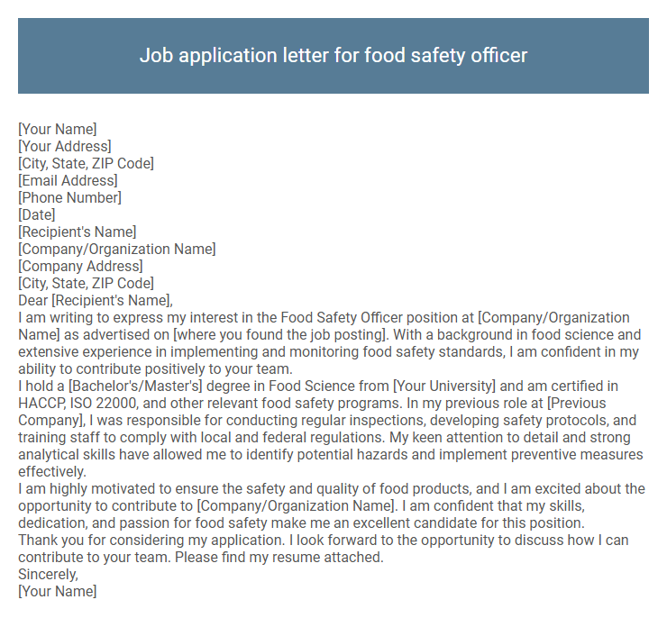 Job application letter for food safety officer