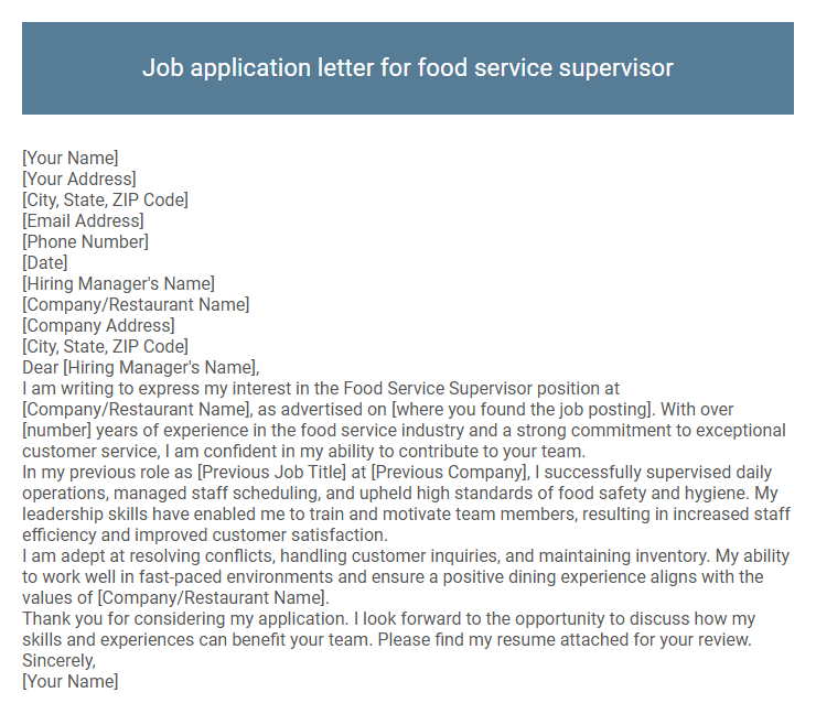 Job application letter for food service supervisor