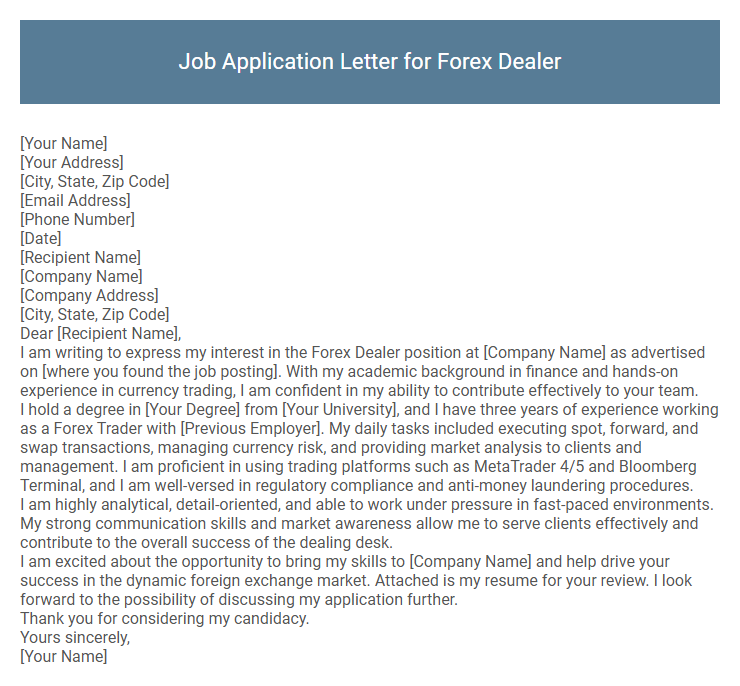 Job Application Letter for Forex Dealer