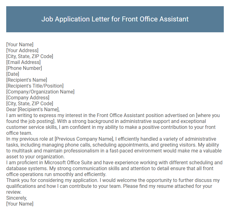 Job Application Letter for Front Office Assistant