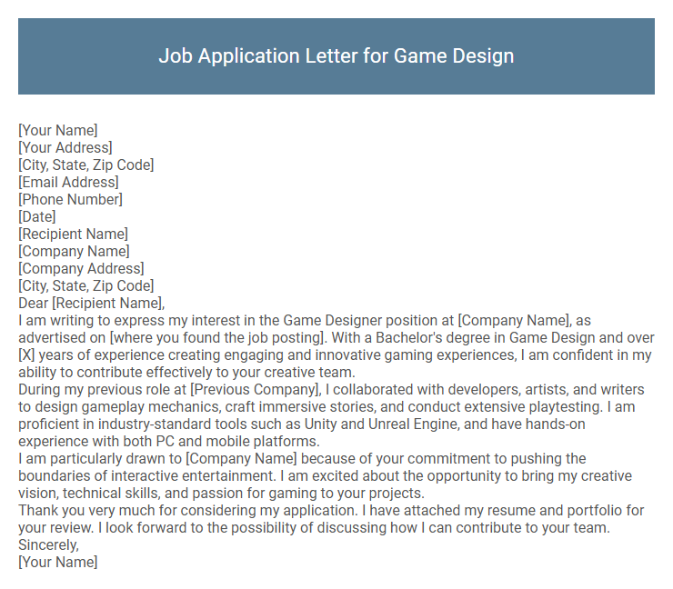 Job Application Letter for Game Design