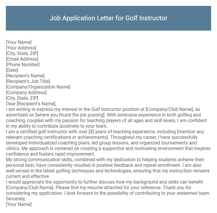 Job Application Letter for Golf Instructor