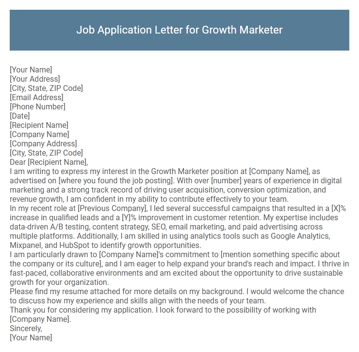 Job Application Letter for Growth Marketer