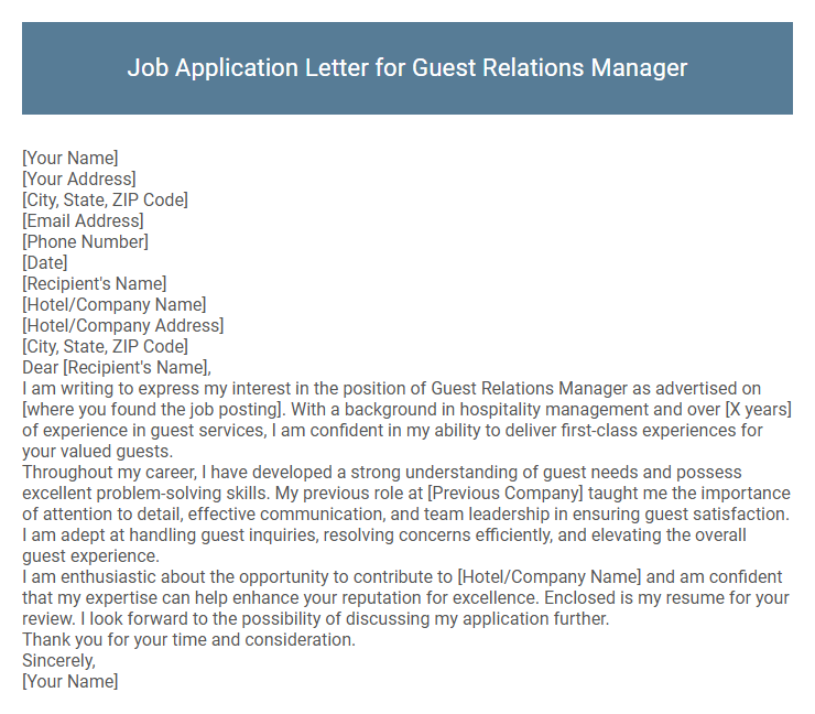 Job Application Letter for Guest Relations Manager