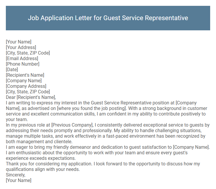 Job Application Letter for Guest Service Representative