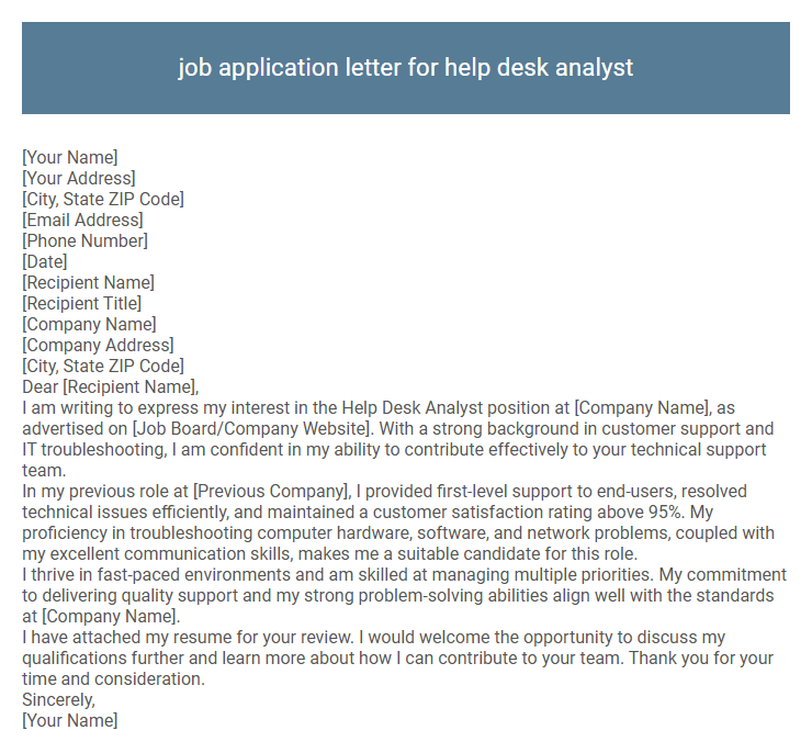 job application letter for help desk analyst