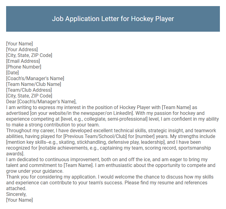 Job Application Letter for Hockey Player