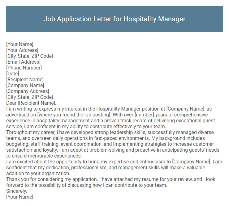 Job Application Letter for Hospitality Manager