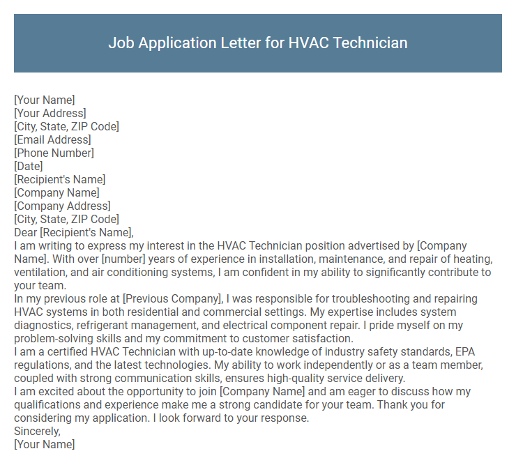 Job Application Letter for HVAC Technician