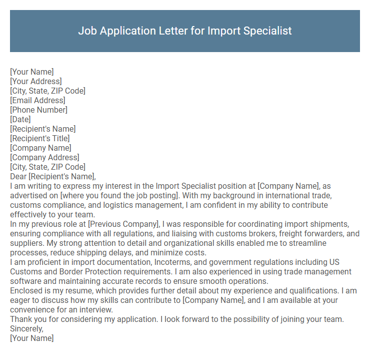 Job Application Letter for Import Specialist