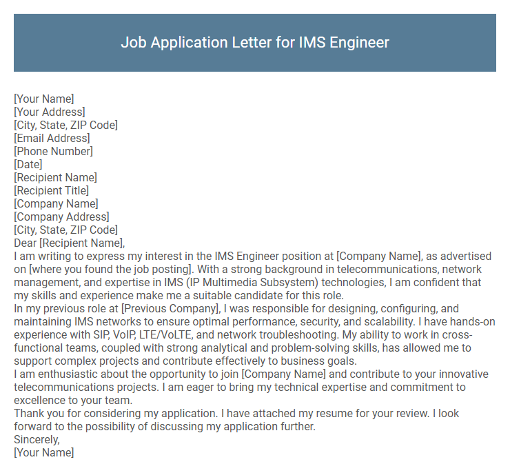 Job Application Letter for IMS Engineer