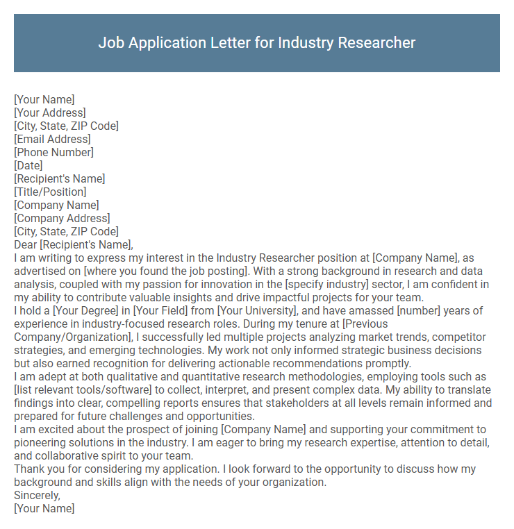 Job Application Letter for Industry Researcher