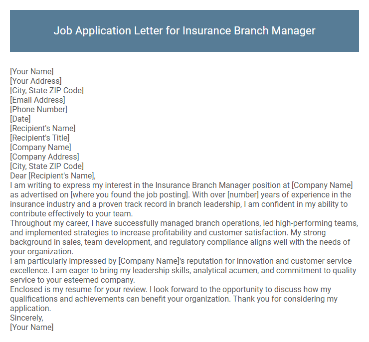 Job Application Letter for Insurance Branch Manager